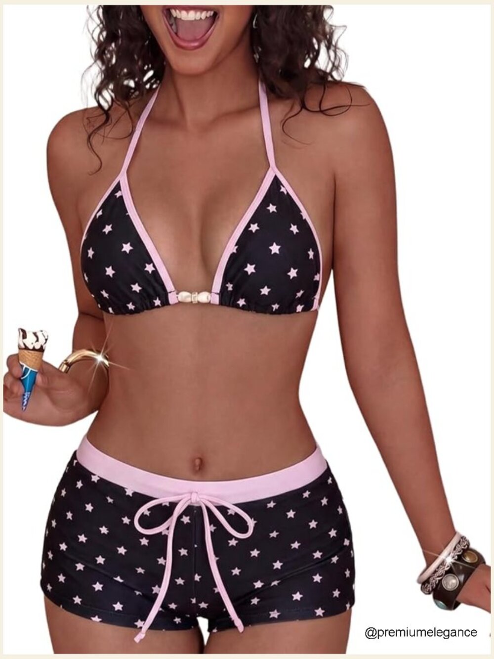 Halter Triangle Top Bikini Set with Boyshorts Polka Dot Star Print Swimwear